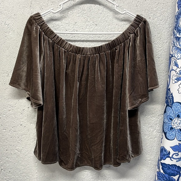 3/$15 Sunday in Brooklyn Top Brown Velvet Velour Off the Shoulder Medium - Picture 2 of 4